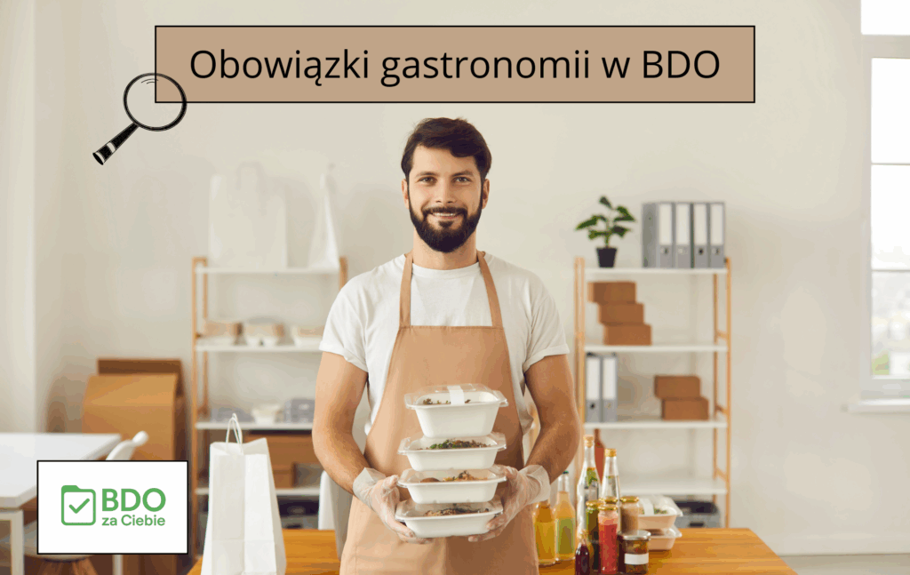 Mężczyzna trzymający pudełka z zapakowanym jedzeniem. W tle biurowe elementy.